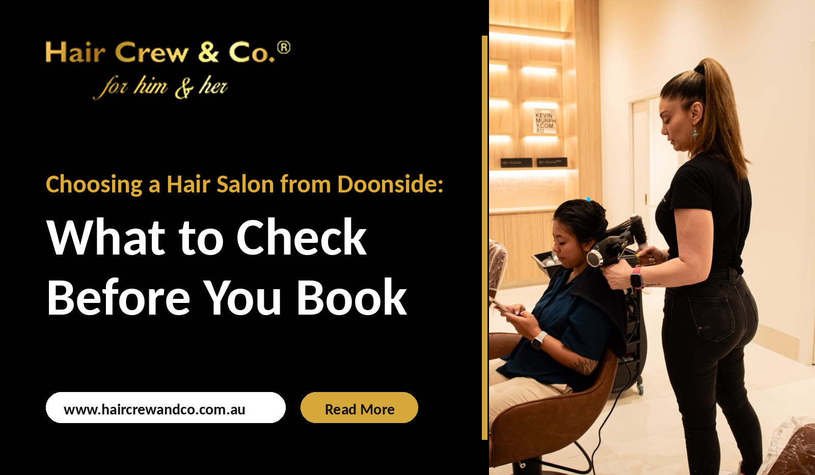 Hair Crew & Co. stylist blow drying a client's hair at the Blacktown salon, with the title Choosing a Hair Salon from Doonside