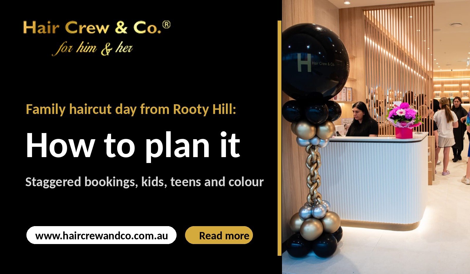 Hair Crew & Co. salon reception desk with a black and gold balloon feature