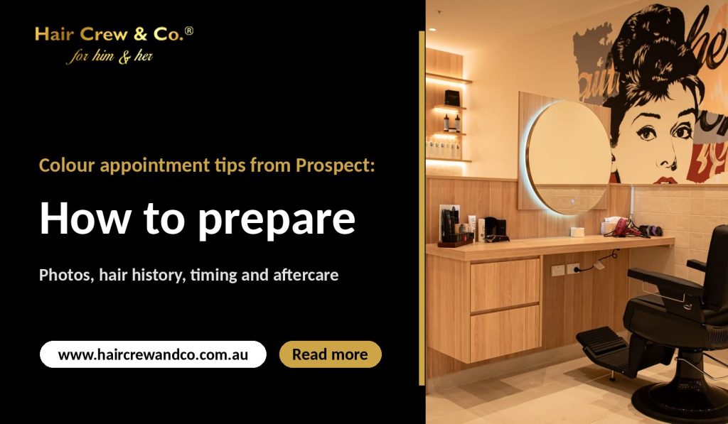Hair Crew & Co. salon styling station with a barber chair and warm timber shelving